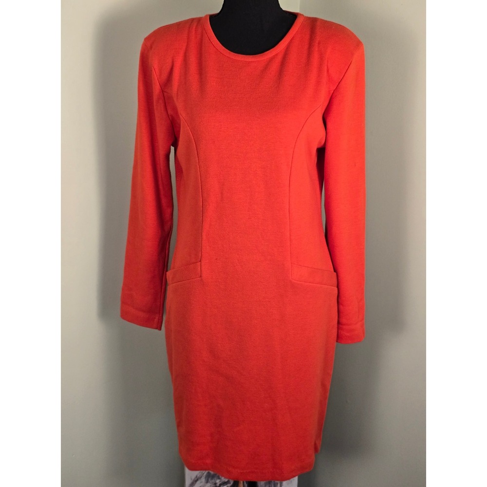 Vintage Express Tricot Orange Red Long Sleeve Knit Sheath Dress M Made in USA